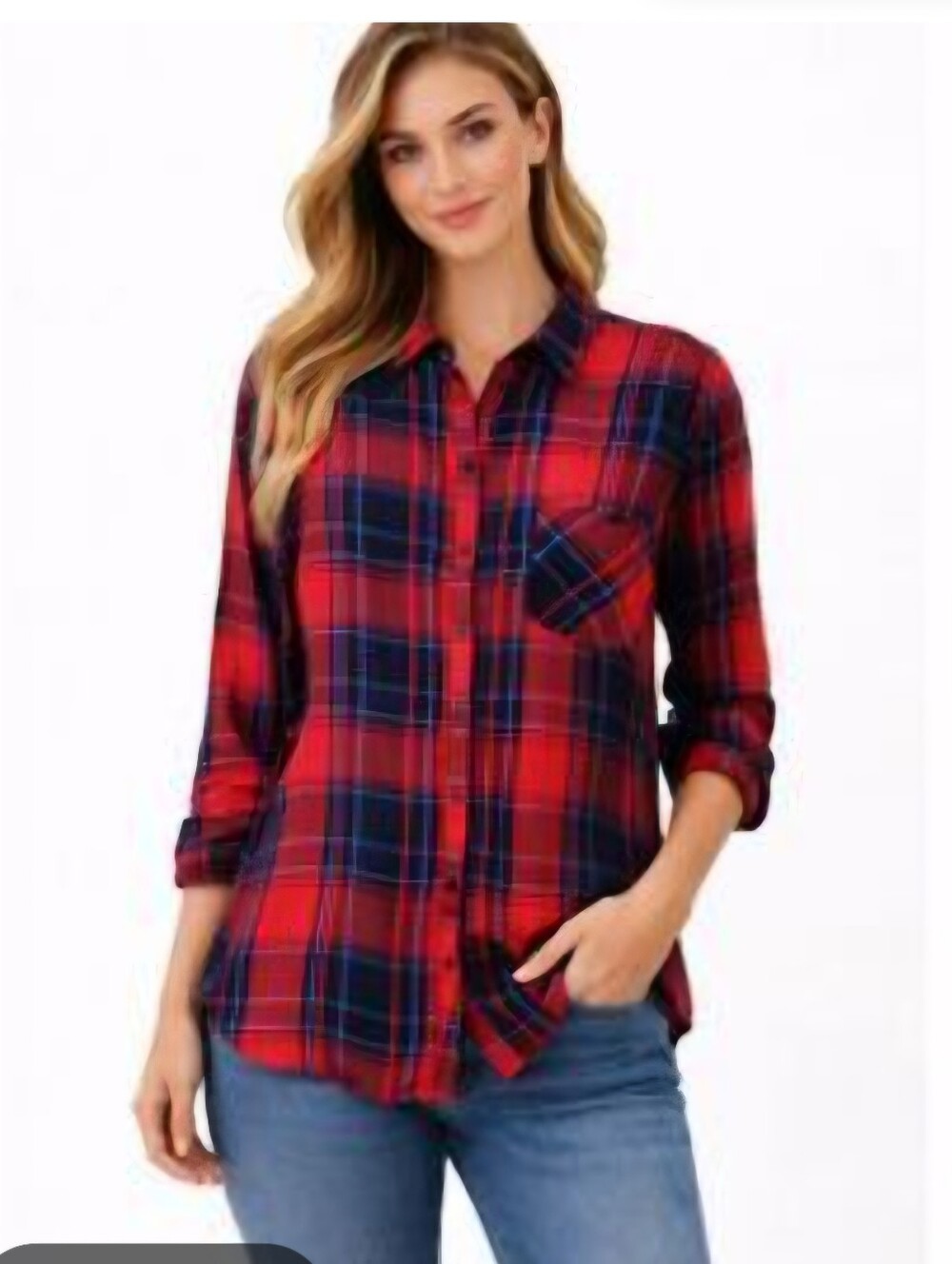 Women's Red Plaid Button-Up Shirt - Casual Long Sleeve Top